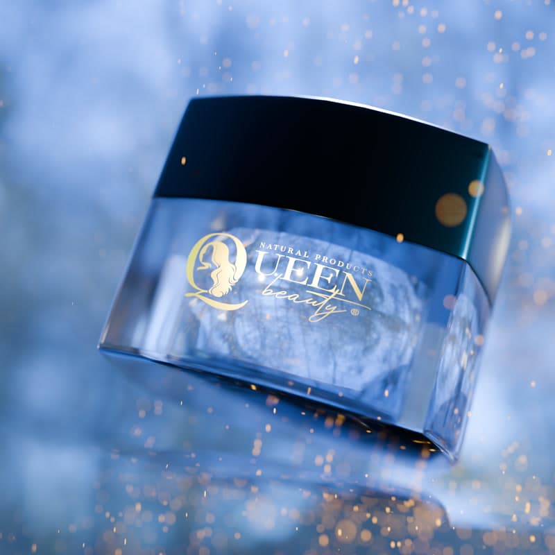 Queen Beauty, Blue and gold meeting in a dreamy frame for a moisturizing cream.
